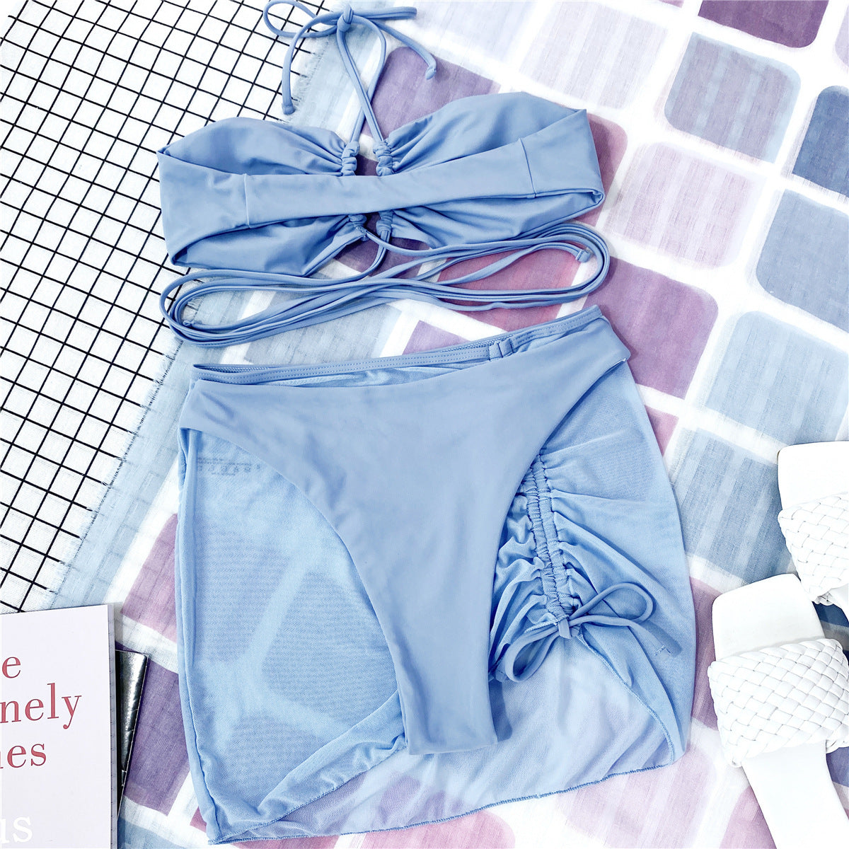 3 Pieces Mesh Skirt Swimsuit Women Halter Micro Bikini High Waist Swimwear Sexy Solid Beachwear Bathing Suit Biquini