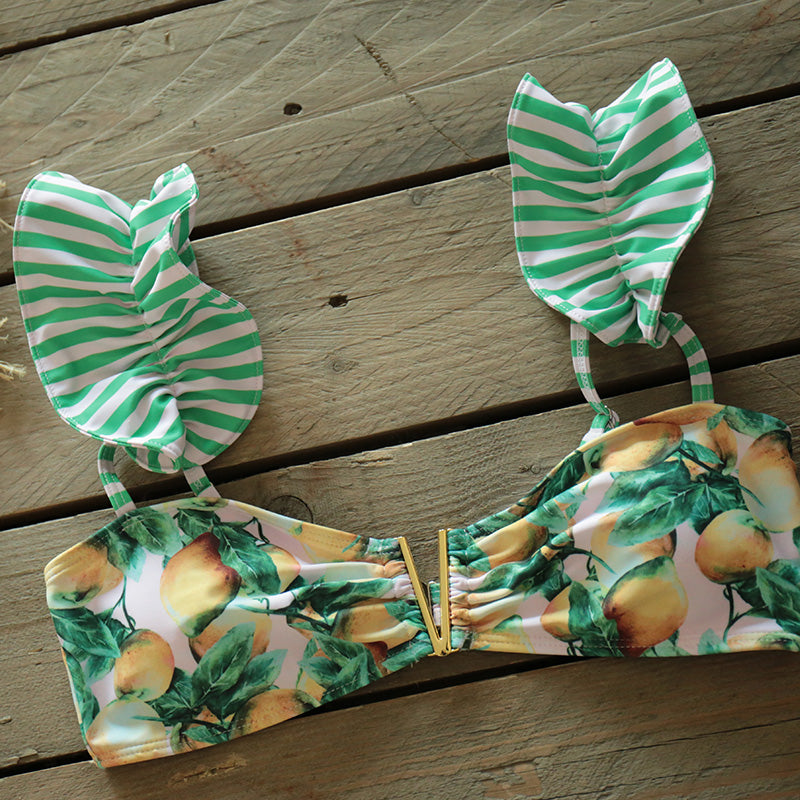 Two-Pieces Women Floral Push-Up Padded Bra Ruffles Bandage Bikini Set Swimsuit Swimwear Bathing Suit Beachwear Biquini