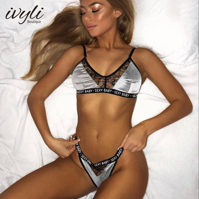 Lingerie European and American Sexy Satin Lace Three-point Bikini Bra Set