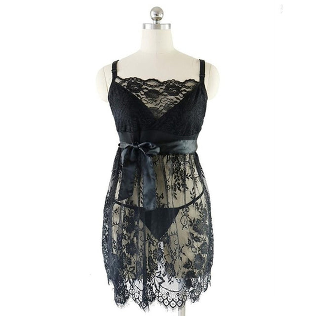 Plus Size Lingerie Solid Lace Sleeveless V Neck Nightgowns See Through Underwear Black Sleep Dress Nightdress