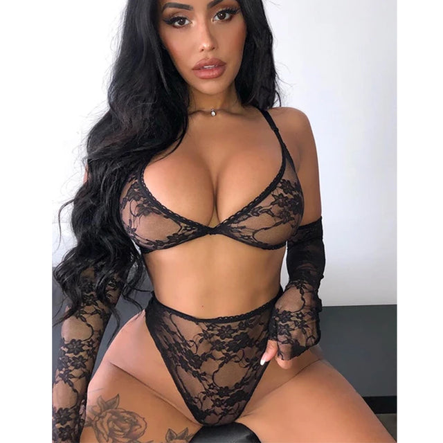 Sexy Dress Green Erotic Lingerie Exotic Costume 3pcs Lace Lingerie Sexy Women&#39;s Underwear Transparent Bra Set