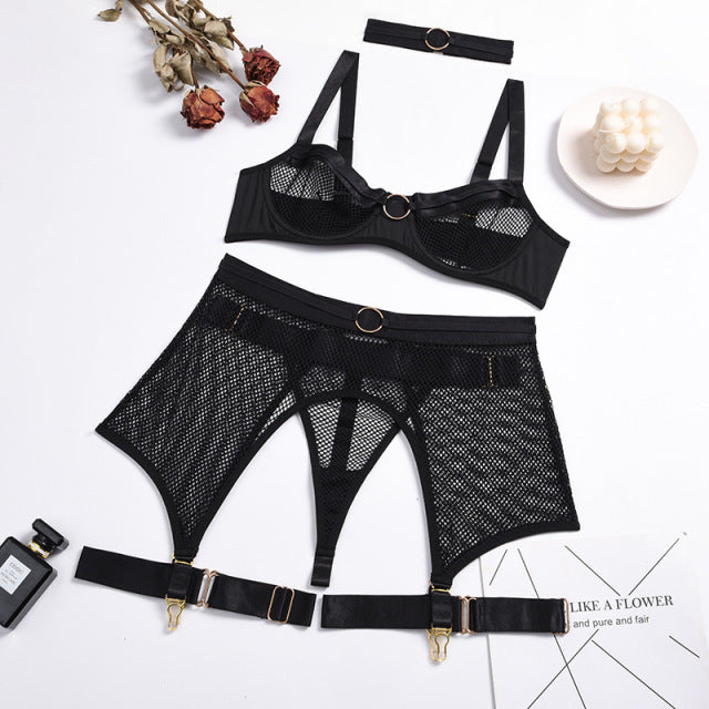 4-Piece Mesh Bra Set Underwear Lingerie Set with Garter Belt