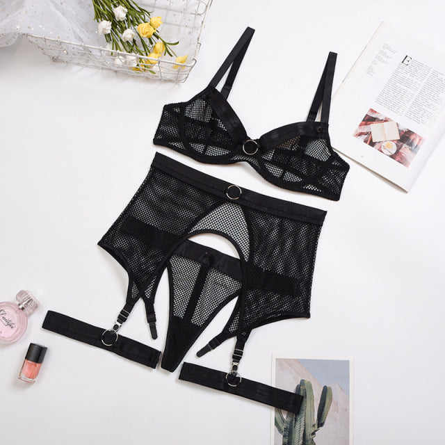 4-Piece Mesh Bra Set Underwear Lingerie Set with Garter Belt