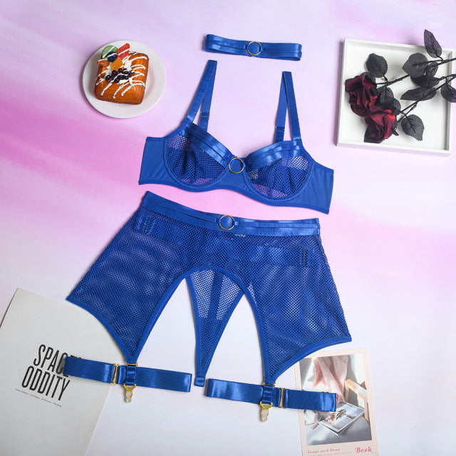 4-Piece Mesh Bra Set Underwear Lingerie Set with Garter Belt