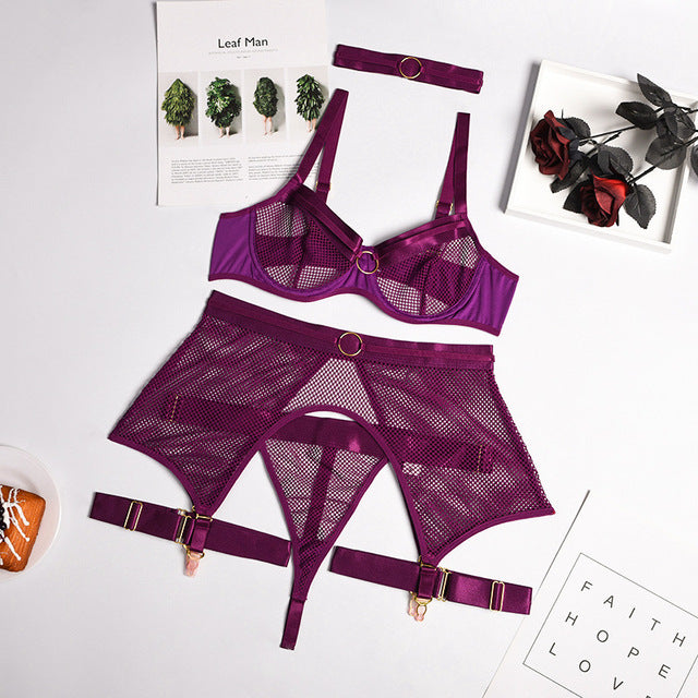 4-Piece Mesh Bra Set Underwear Lingerie Set with Garter Belt
