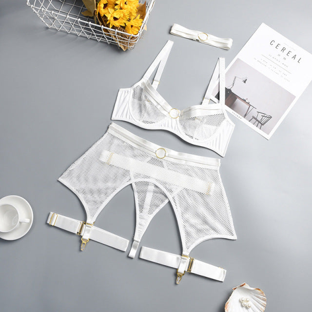 4-Piece Mesh Bra Set Underwear Lingerie Set with Garter Belt