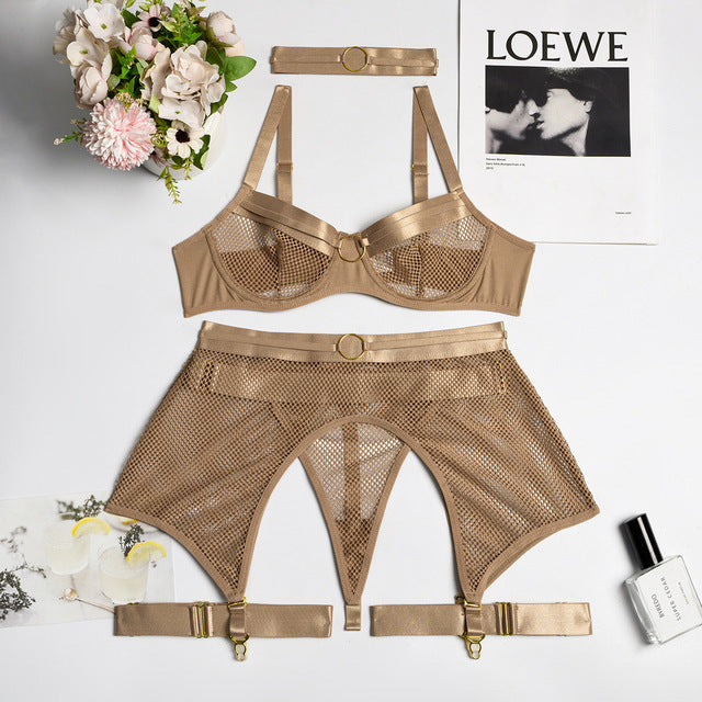 4-Piece Mesh Bra Set Underwear Lingerie Set with Garter Belt
