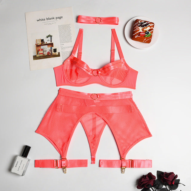 4-Piece Mesh Bra Set Underwear Lingerie Set with Garter Belt