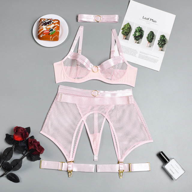 4-Piece Mesh Bra Set Underwear Lingerie Set with Garter Belt