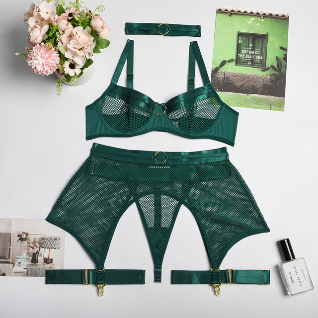 4-Piece Mesh Bra Set Underwear Lingerie Set with Garter Belt