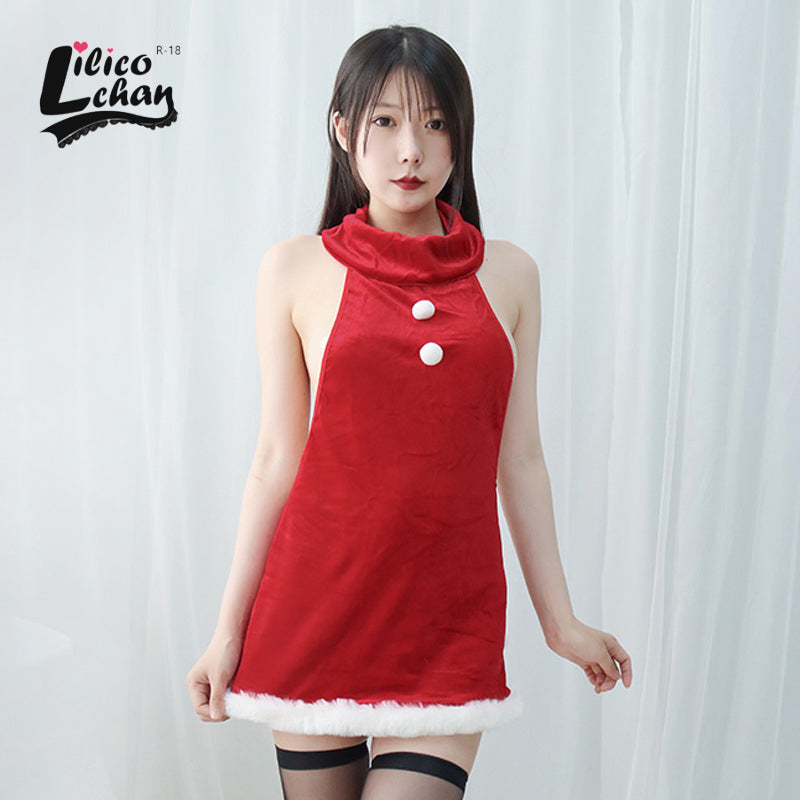 Japanese Anime Sweet Red Plush Turtleneck Dress Hollow Out Backless Role Play Costume Sexy Erotic Lingerie