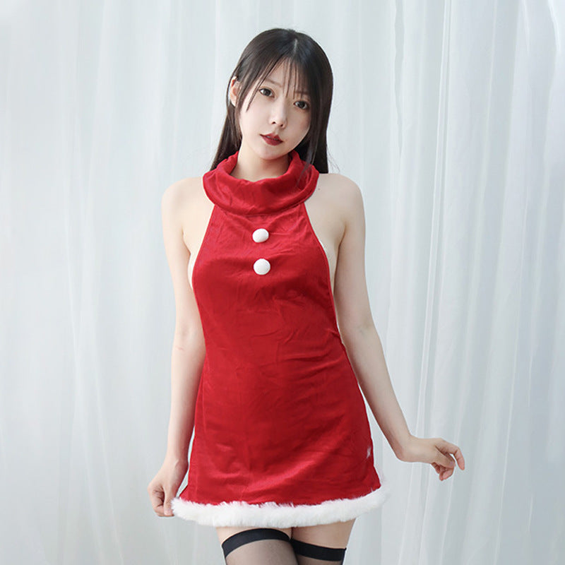Japanese Anime Sweet Red Plush Turtleneck Dress Hollow Out Backless Role Play Costume Sexy Erotic Lingerie
