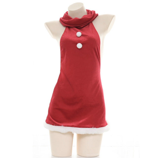 Japanese Anime Sweet Red Plush Turtleneck Dress Hollow Out Backless Role Play Costume Sexy Erotic Lingerie