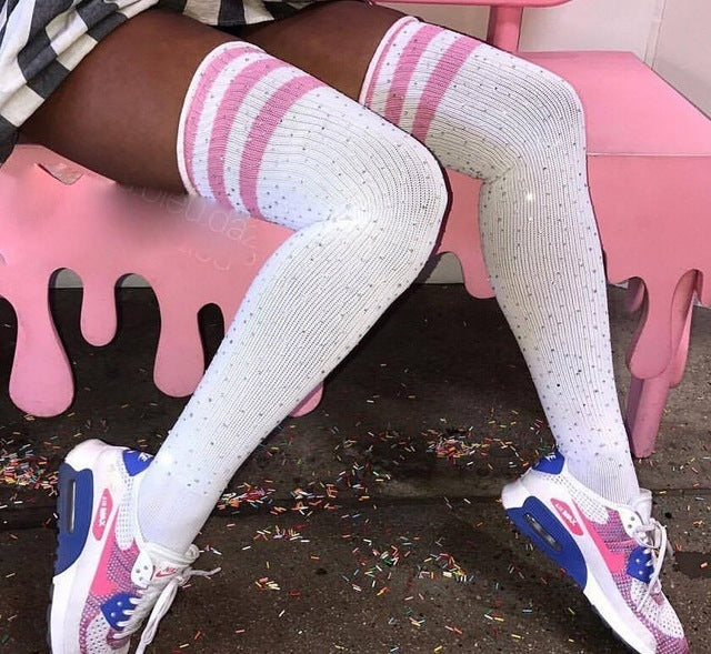 Women Stockings Women Socks Rhinestones Thigh High Over The Knee Socks Cotton Stockings Bling Thigh High