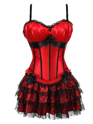 Women Sexy Shoulder Straps Overbust Corset Bustier Top With Mini Lace Skirt Fancy Dresses Costume Sexy Gothic Corsets Dress