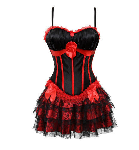 Women Sexy Shoulder Straps Overbust Corset Bustier Top With Mini Lace Skirt Fancy Dresses Costume Sexy Gothic Corsets Dress