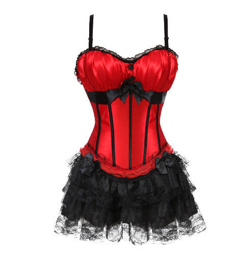Women Sexy Shoulder Straps Overbust Corset Bustier Top With Mini Lace Skirt Fancy Dresses Costume Sexy Gothic Corsets Dress